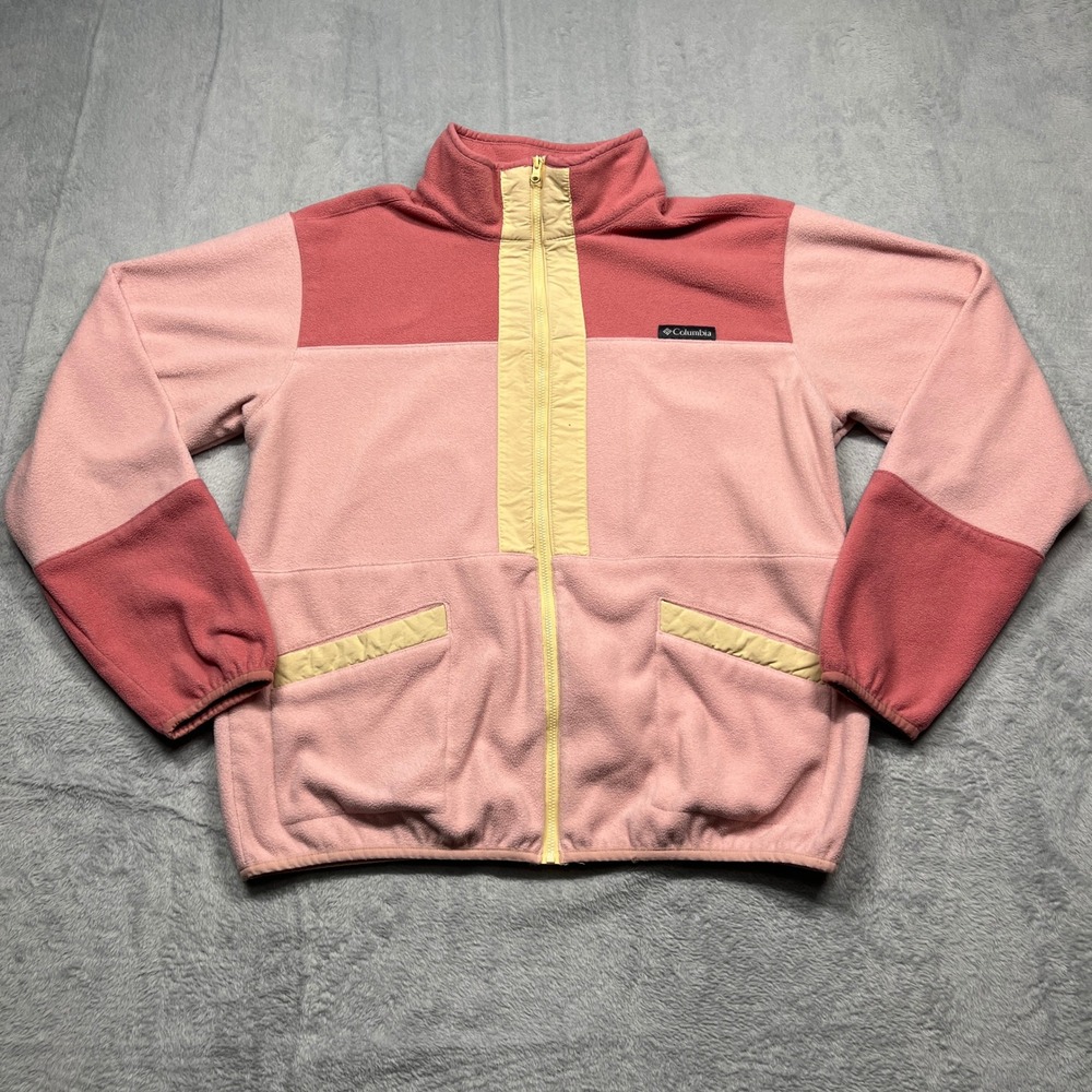 Columbia Fleece Jacket Women Pink Colorblock Full Zip Outdoor Pockets L